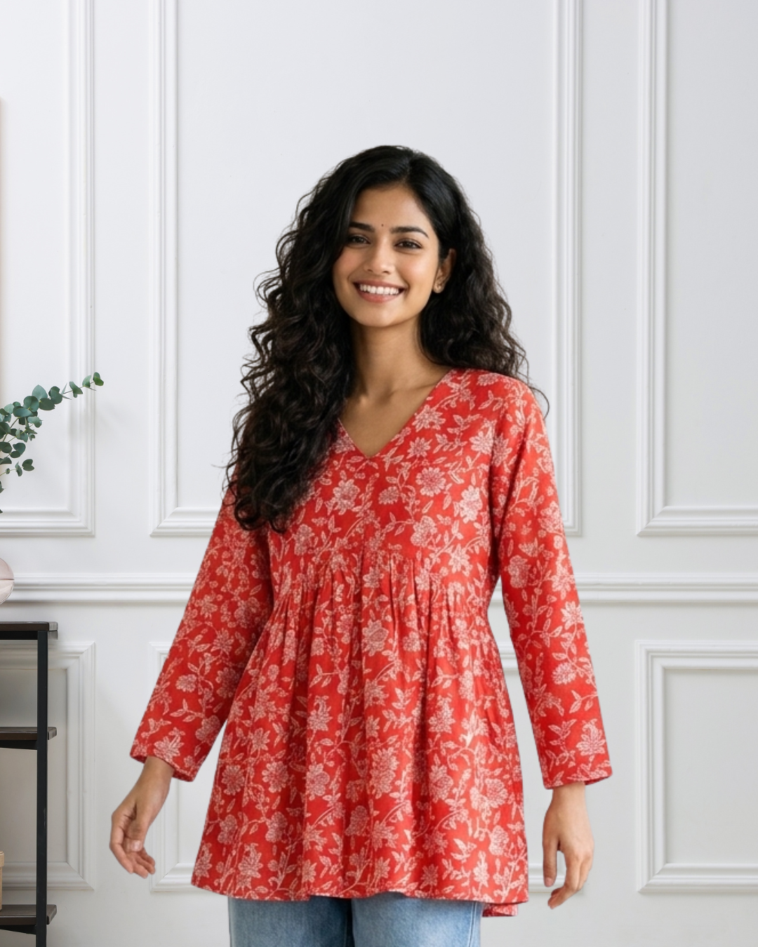 Coral Bloom- Light Red Short Kurti