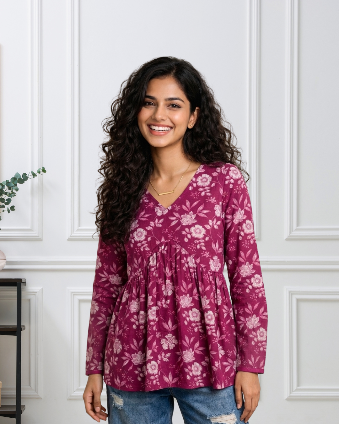 Wine Bloom - Printed Short Kurti