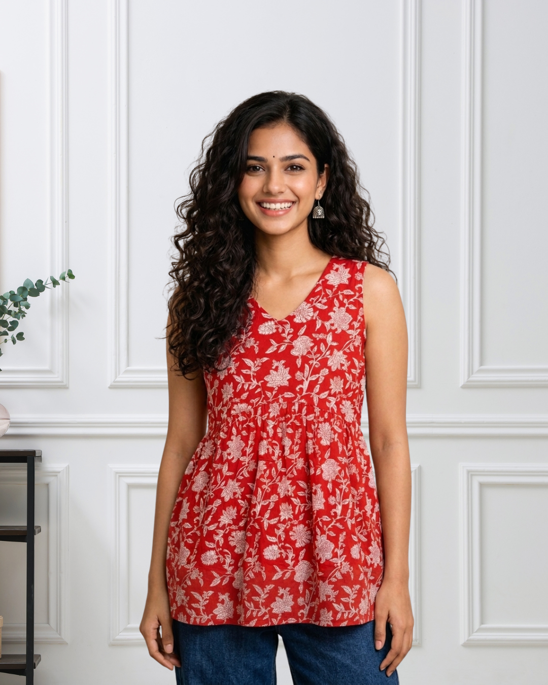 Coral Bloom - Light Red Sleeveless Short Kurti